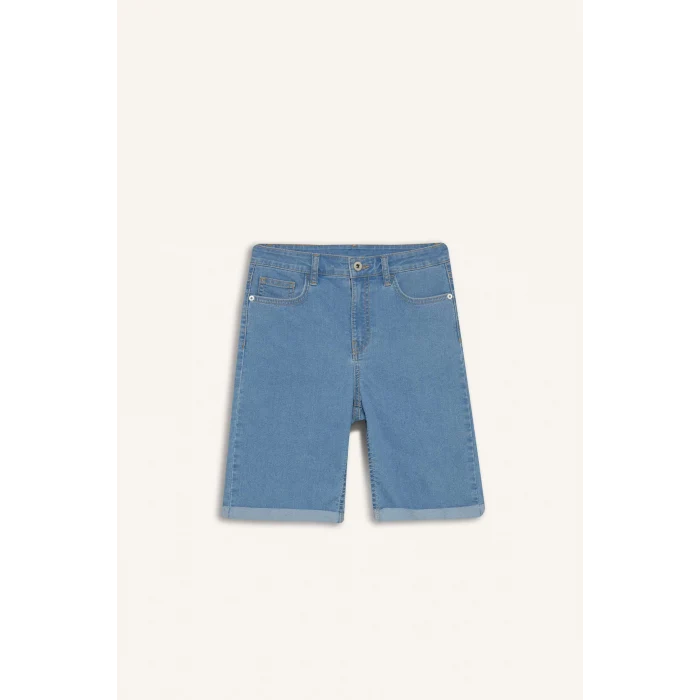 Defacto A1958 Mavi Normal Bel Katlamalı Paça Jean Bermuda Şort