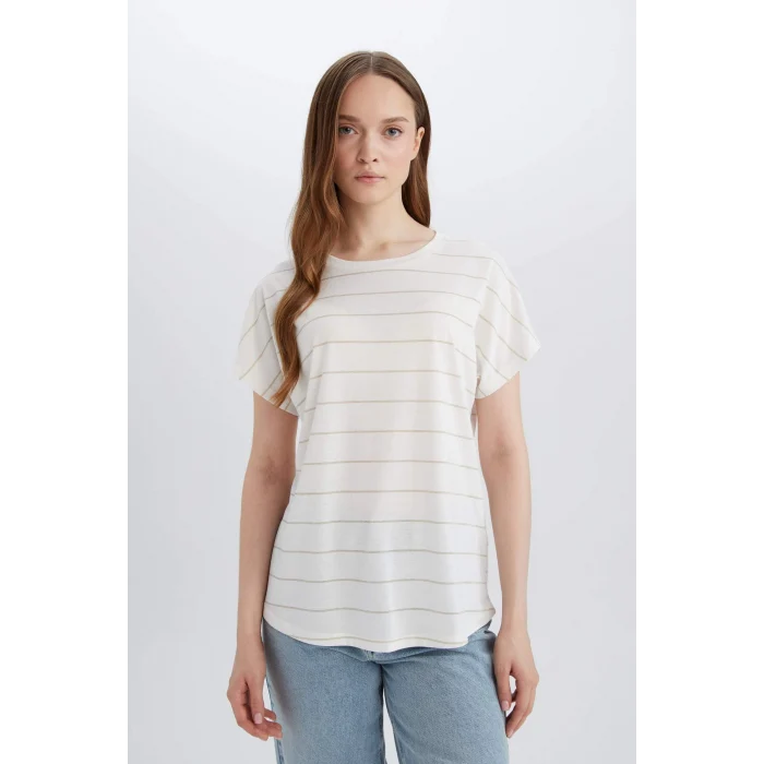 Defacto E6075 Ekru Bisiklet Yaka Kısa Kollu Tişört