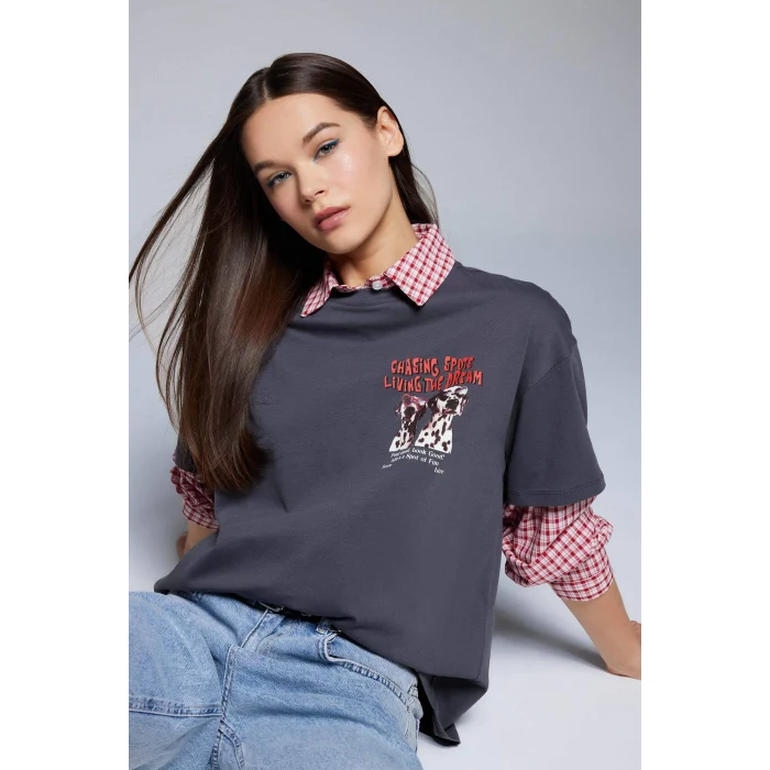 Defacto F2649 Antrasit Coool Oversize Geniş Kalıp Bisiklet Yaka Sırt Baskılı Kısa Kollu Tişört