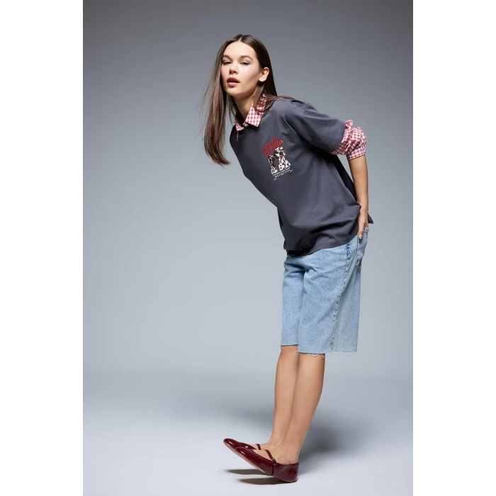 Defacto F2649 Antrasit Coool Oversize Geniş Kalıp Bisiklet Yaka Sırt Baskılı Kısa Kollu Tişört