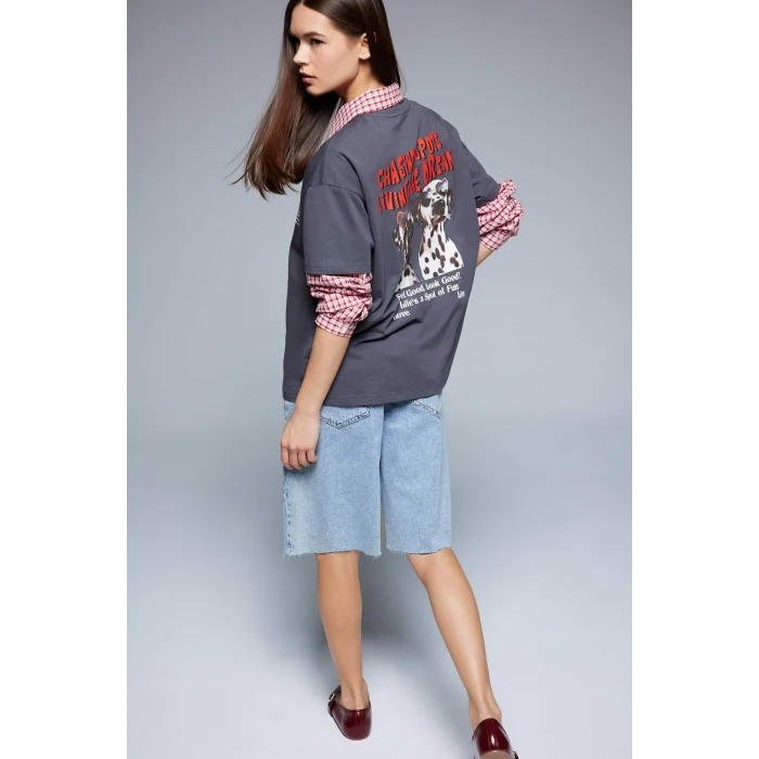 Defacto F2649 Antrasit Coool Oversize Geniş Kalıp Bisiklet Yaka Sırt Baskılı Kısa Kollu Tişört