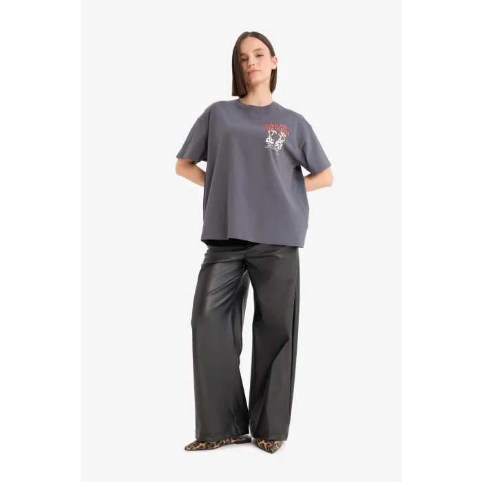 Defacto F2649 Antrasit Coool Oversize Geniş Kalıp Bisiklet Yaka Sırt Baskılı Kısa Kollu Tişört