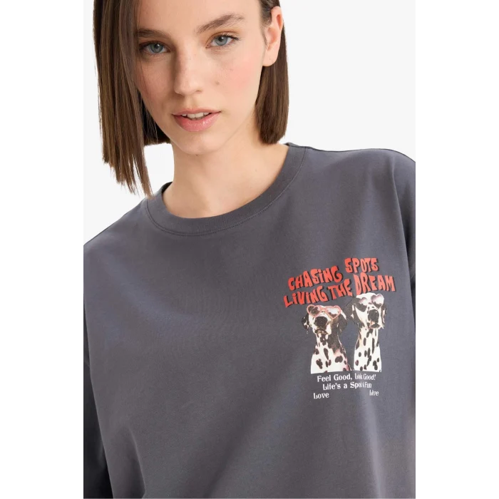 Defacto F2649 Antrasit Coool Oversize Geniş Kalıp Bisiklet Yaka Sırt Baskılı Kısa Kollu Tişört