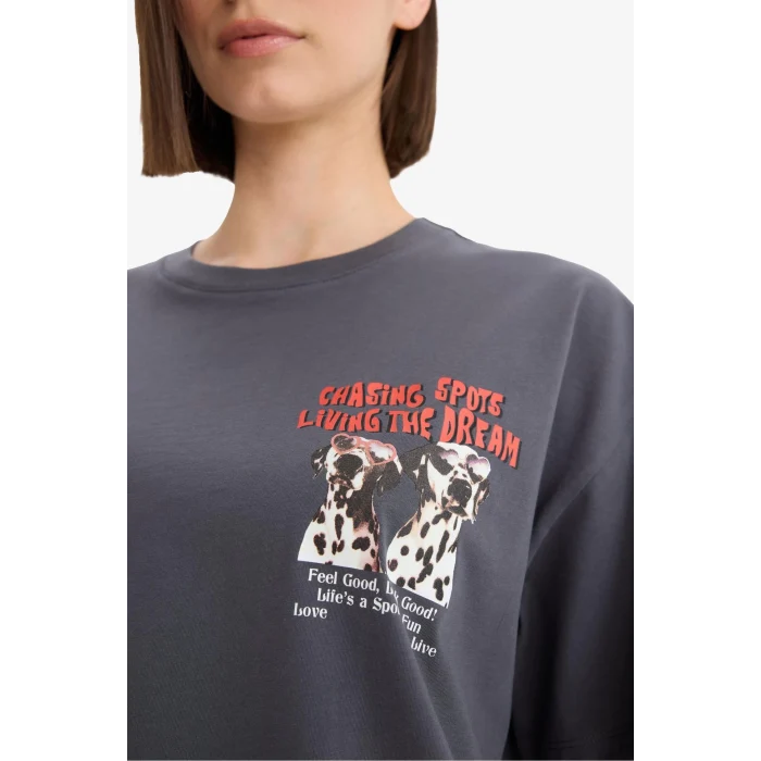 Defacto F2649 Antrasit Coool Oversize Geniş Kalıp Bisiklet Yaka Sırt Baskılı Kısa Kollu Tişört