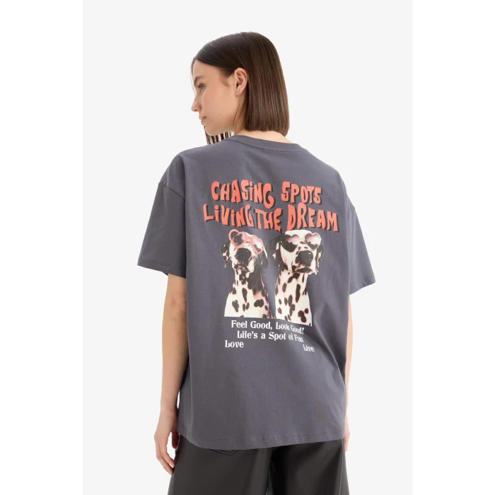 Defacto F2649 Antrasit Coool Oversize Geniş Kalıp Bisiklet Yaka Sırt Baskılı Kısa Kollu Tişört