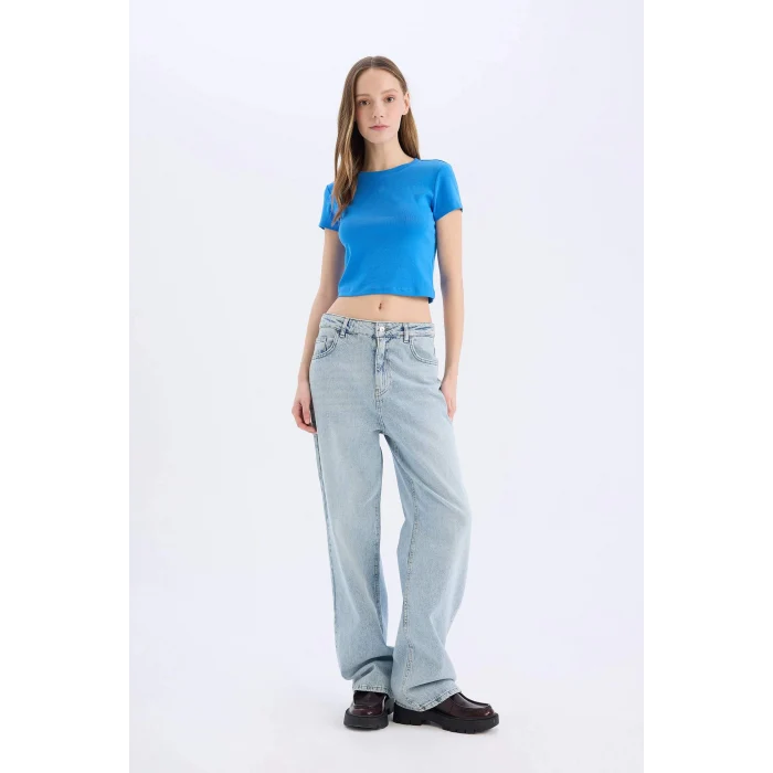 Defacto E0288 Mavi Coool Fitted Bisiklet Yaka Ribana Kısa Kollu Tişört