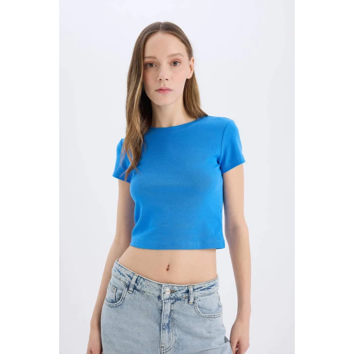 Defacto E0288 Mavi Coool Fitted Bisiklet Yaka Ribana Kısa Kollu Tişört