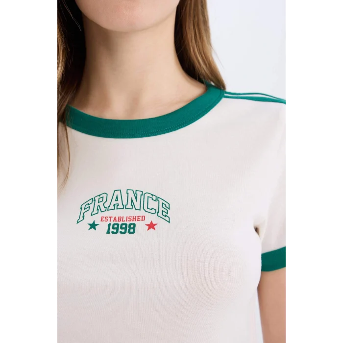 Defacto E0333 Beyaz Coool Fitted Baskılı Ribana Kısa Kollu Tişört