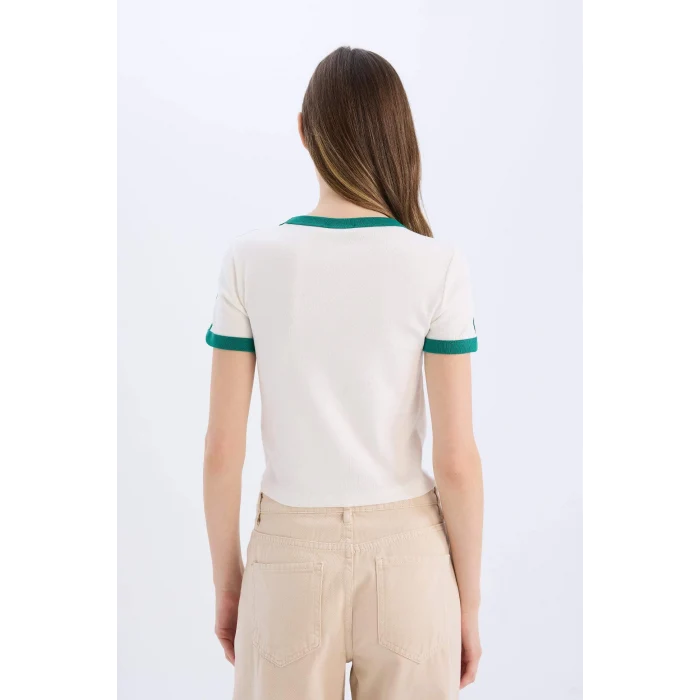 Defacto E0333 Beyaz Coool Fitted Baskılı Ribana Kısa Kollu Tişört