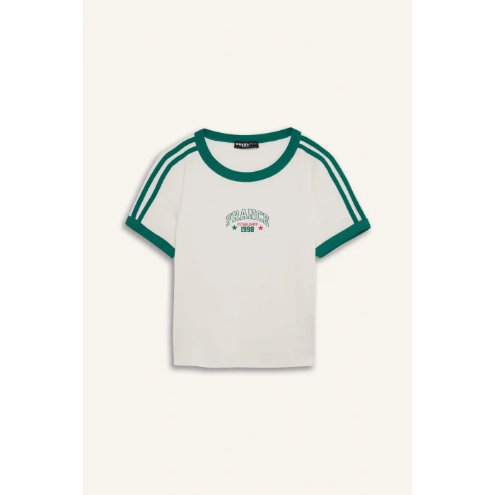 Defacto E0333 Beyaz Coool Fitted Baskılı Ribana Kısa Kollu Tişört