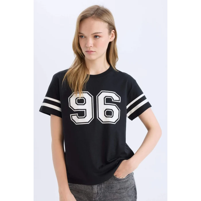 Defacto D9600 Siyah Regular Fit Bisiklet Yaka Baskılı Kısa Kollu Tişört
