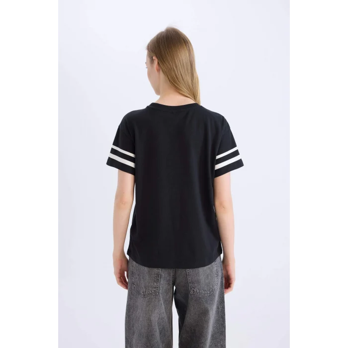 Defacto D9600 Siyah Regular Fit Bisiklet Yaka Baskılı Kısa Kollu Tişört