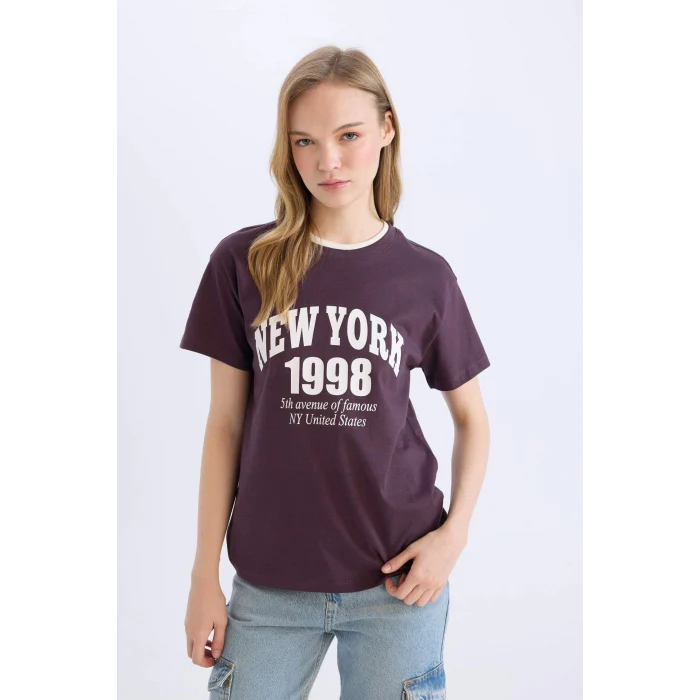 Defacto D9602 Mor Regular Fit Bisiklet Yaka Baskılı Kısa Kollu Tişört