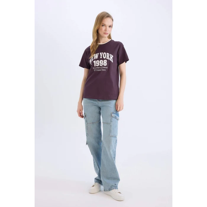 Defacto D9602 Mor Regular Fit Bisiklet Yaka Baskılı Kısa Kollu Tişört