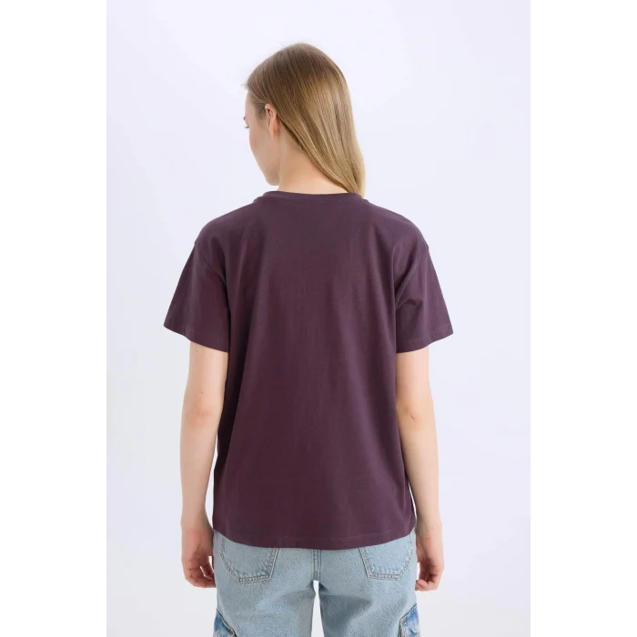 Defacto D9602 Mor Regular Fit Bisiklet Yaka Baskılı Kısa Kollu Tişört
