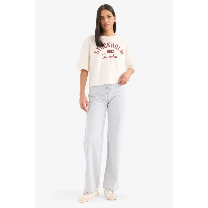 Defacto E5148 Ekru Oversize Geniş Kalıp Bisiklet Yaka Baskılı Penye Kısa Kollu Tişört