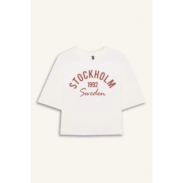 Defacto E5148 Ekru Oversize Geniş Kalıp Bisiklet Yaka Baskılı Penye Kısa Kollu Tişört