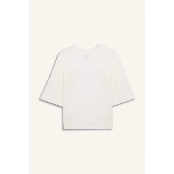 Defacto E5148 Ekru Oversize Geniş Kalıp Bisiklet Yaka Baskılı Penye Kısa Kollu Tişört