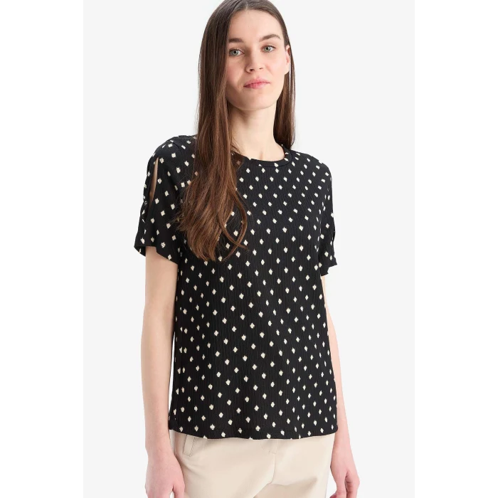 Defacto E7324 Siyah  Regular Fit Bisiklet Yaka Desenli Bürümcük Kısa Kollu Tişört