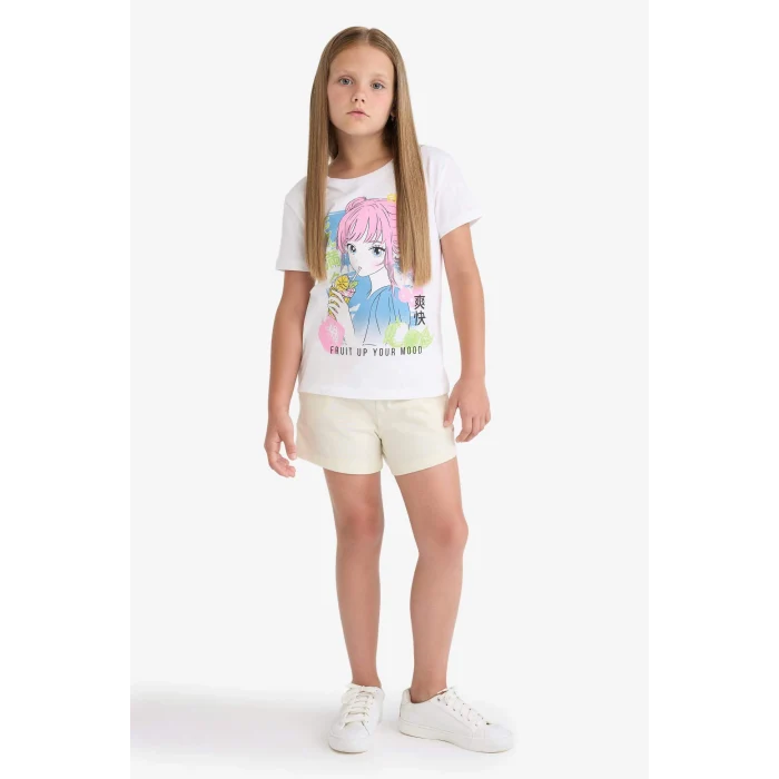 Defacto A2455 Ekru Kız Çocuk Beli Lastikli Baskılı Şort