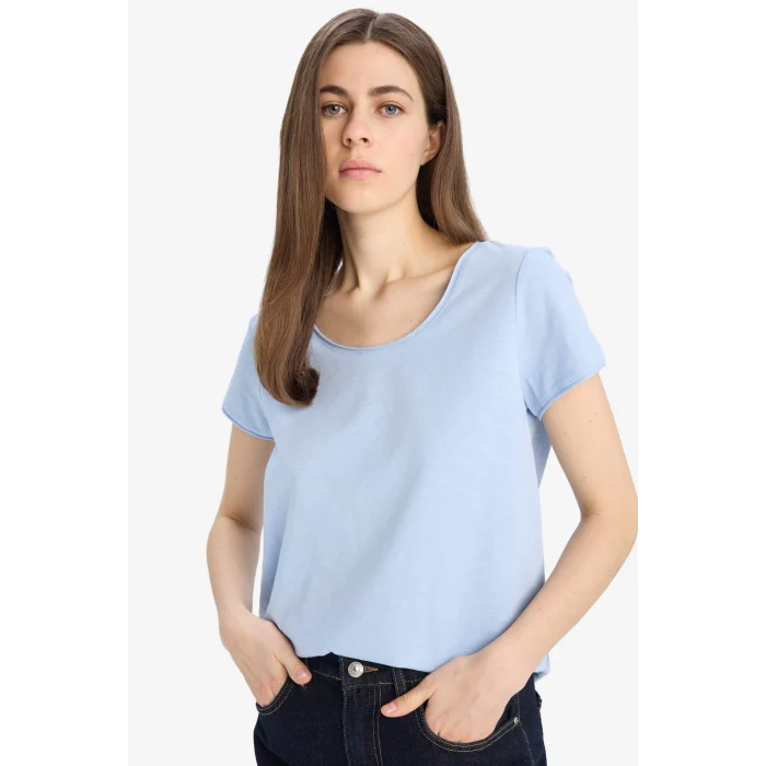 Defacto K1508 Mavi Regular Fit Yuvarlak Yaka Basic Düz Kısa Kollu Tişört