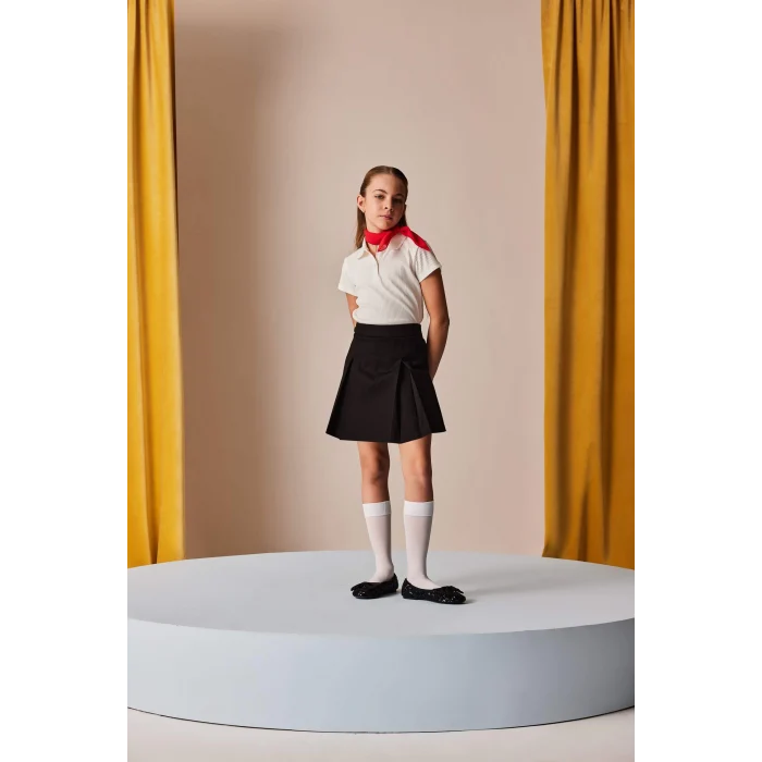 Defacto Z7794 Ekru Kız Çocuk Slim Fit Dar Kesim Polo Yaka Basic Düz Fitilli Kaşkorse Kısa Kollu Tişört