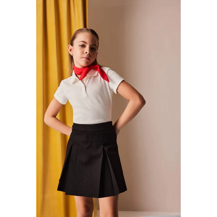 Defacto Z7794 Ekru Kız Çocuk Slim Fit Dar Kesim Polo Yaka Basic Düz Fitilli Kaşkorse Kısa Kollu Tişört