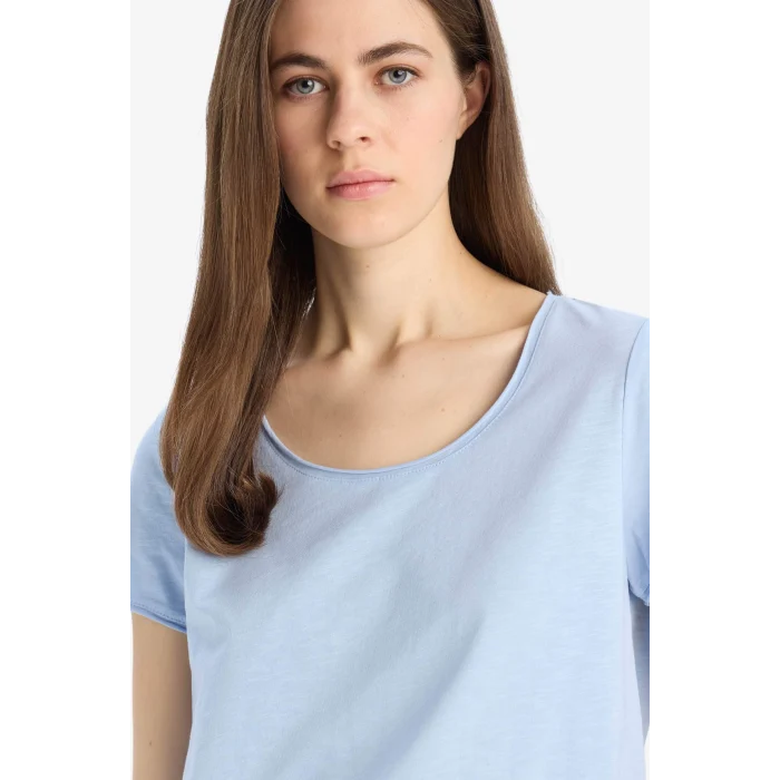 Defacto K1508 Mavi Regular Fit Yuvarlak Yaka Basic Düz Kısa Kollu Tişört