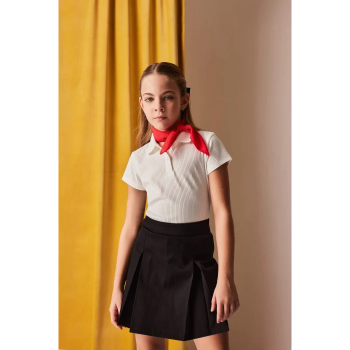 Defacto Z7794 Ekru Kız Çocuk Slim Fit Dar Kesim Polo Yaka Basic Düz Fitilli Kaşkorse Kısa Kollu Tişört
