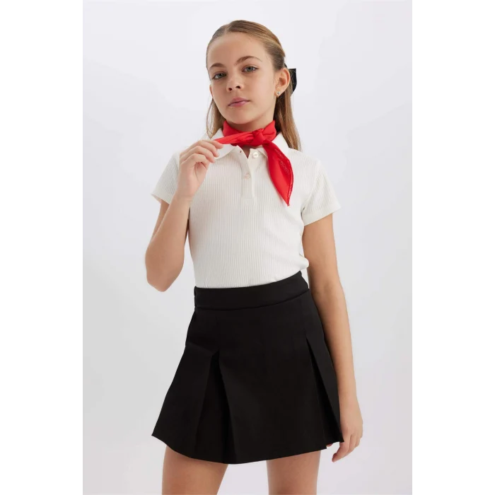 Defacto Z7794 Ekru Kız Çocuk Slim Fit Dar Kesim Polo Yaka Basic Düz Fitilli Kaşkorse Kısa Kollu Tişört