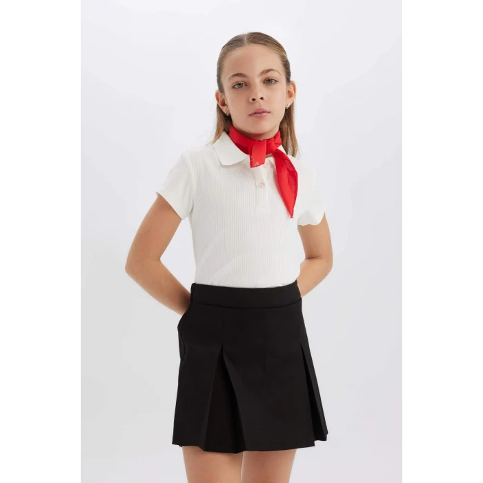 Defacto Z7794 Ekru Kız Çocuk Slim Fit Dar Kesim Polo Yaka Basic Düz Fitilli Kaşkorse Kısa Kollu Tişört