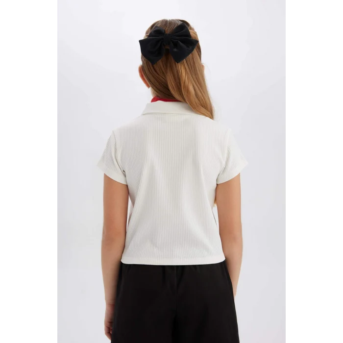Defacto Z7794 Ekru Kız Çocuk Slim Fit Dar Kesim Polo Yaka Basic Düz Fitilli Kaşkorse Kısa Kollu Tişört