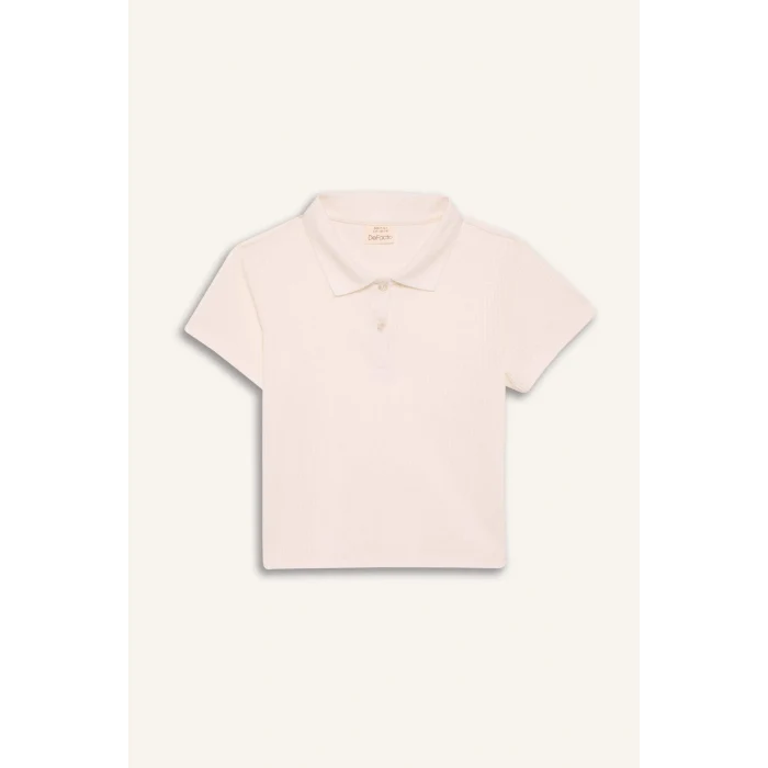 Defacto Z7794 Ekru Kız Çocuk Slim Fit Dar Kesim Polo Yaka Basic Düz Fitilli Kaşkorse Kısa Kollu Tişört