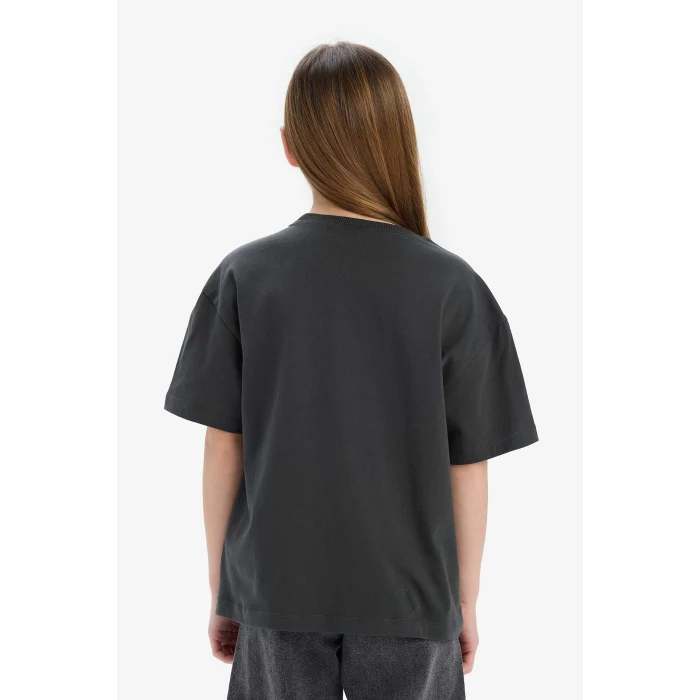 Defacto E0356 Antrasit Kız Çocuk Oversize Geniş Kalıp Bisiklet Yaka Baskılı Kısa Kollu Tişört