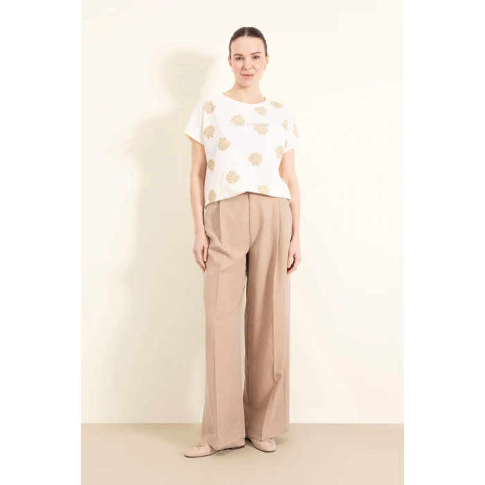 Defacto E1663 Ekru Bisiklet Yaka Desenli Kısa Kollu Tişört