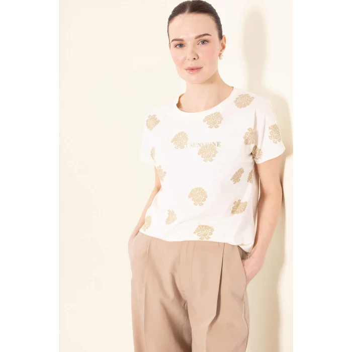 Defacto E1663 Ekru Bisiklet Yaka Desenli Kısa Kollu Tişört