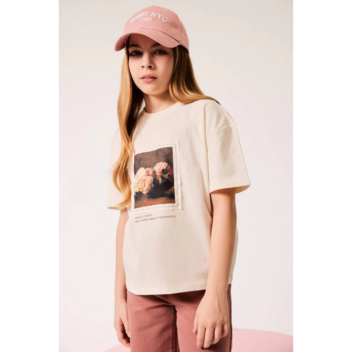 Defacto D9270 Ekru Kız Çocuk Oversize Geniş Kalıp Bisiklet Yaka Baskılı Kısa Kollu Tişört