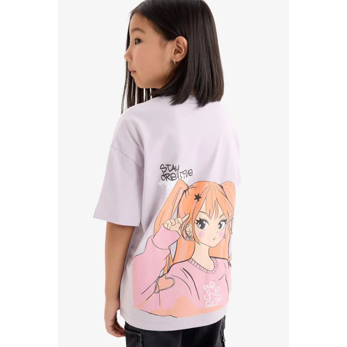 Defacto E0357 Mor Kız Çocuk Oversize Geniş Kalıp Bisiklet Yaka Sırt Baskılı Kısa Kollu Tişört