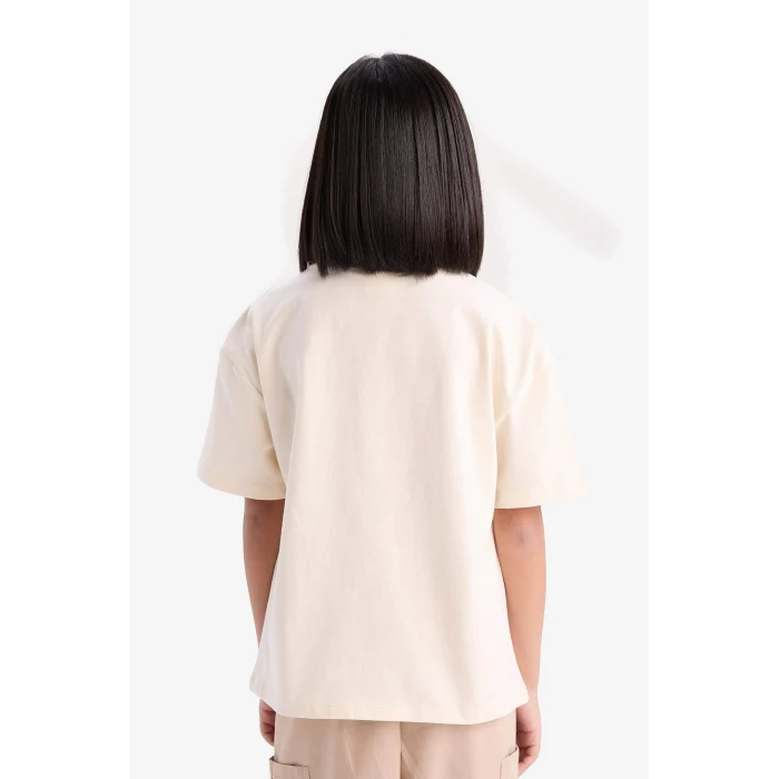 Defacto D9270 Ekru Kız Çocuk Oversize Geniş Kalıp Bisiklet Yaka Baskılı Kısa Kollu Tişört