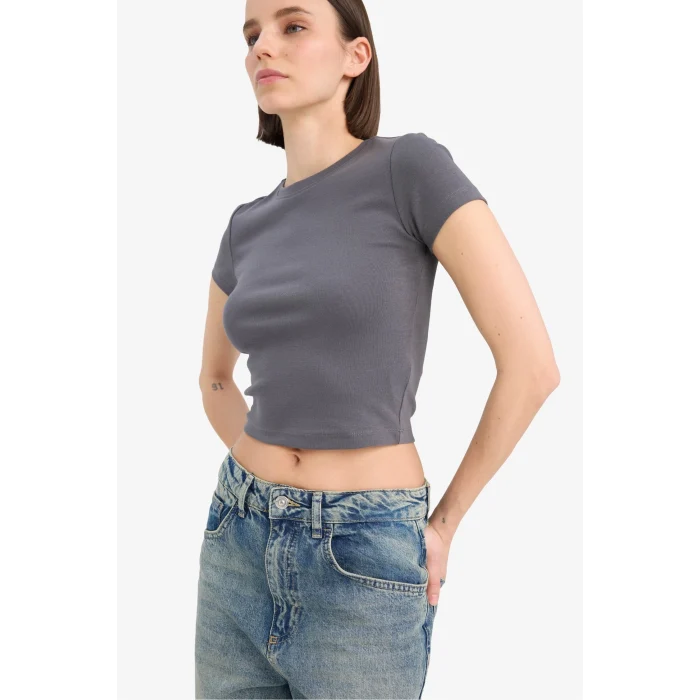 Defacto E0288 Antrasit Coool Fitted Basic Düz Ribana Kısa Kollu Tişört