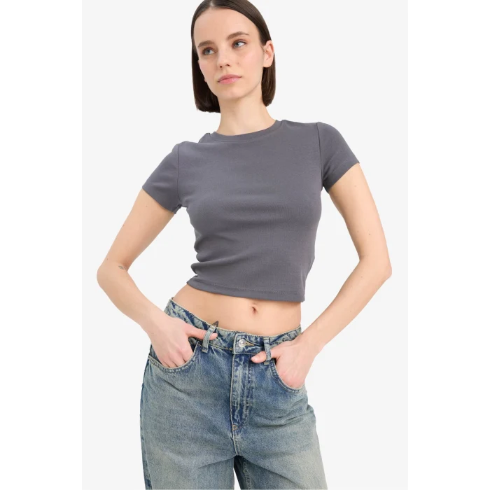 Defacto E0288 Antrasit Coool Fitted Basic Düz Ribana Kısa Kollu Tişört