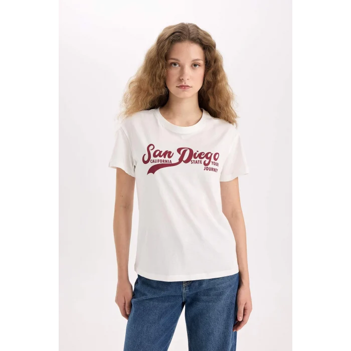 Defacto D9598 Beyaz Regular Fit Bisiklet Yaka Baskılı Kısa Kollu Tişört