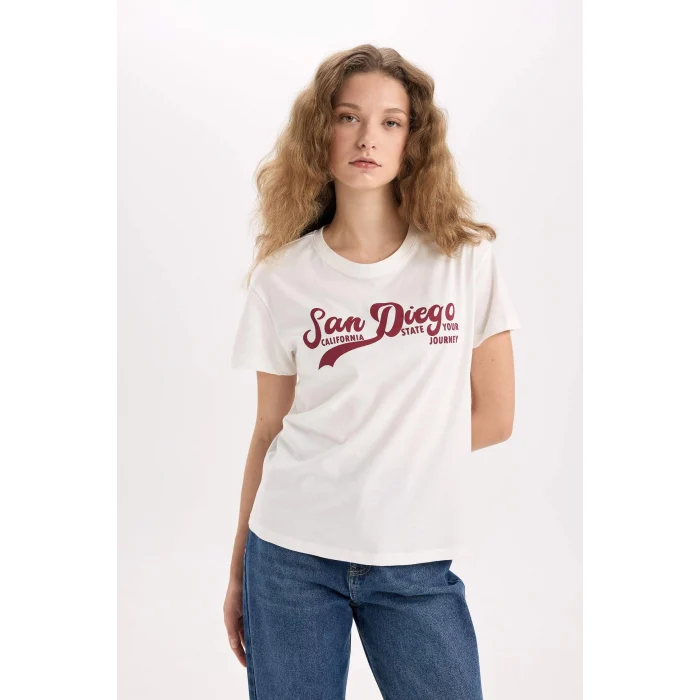 Defacto D9598 Beyaz Regular Fit Bisiklet Yaka Baskılı Kısa Kollu Tişört