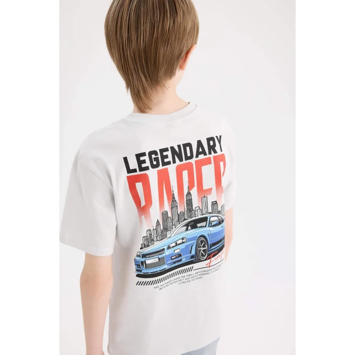 Defacto D9266 Gri Erkek Çocuk Bisiklet Yaka Sırt Baskılı Kısa Kollu Tişört