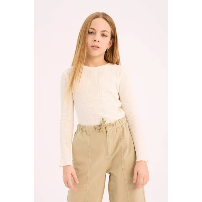 Defacto D9234 Beyaz Kız Çocuk Slim Fit Dar Kesim Bisiklet Yaka Uzun Kollu Tişört