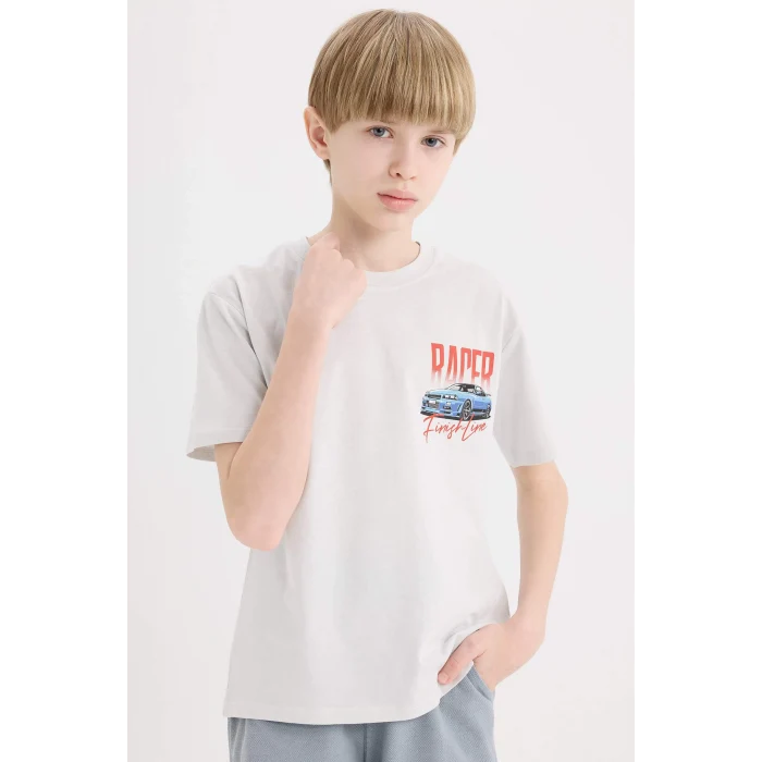 Defacto D9266 Gri Erkek Çocuk Bisiklet Yaka Sırt Baskılı Kısa Kollu Tişört