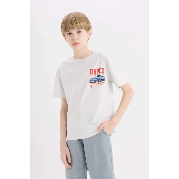 Defacto D9266 Gri Erkek Çocuk Bisiklet Yaka Sırt Baskılı Kısa Kollu Tişört