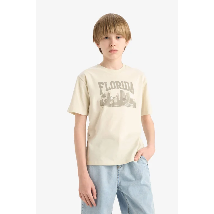 Defacto E6320 Yeşil Erkek Çocuk Bisiklet Yaka Baskılı Kısa Kollu Tişört