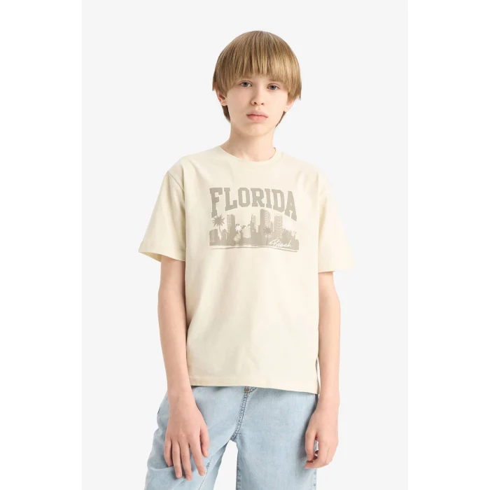 Defacto E6320 Yeşil Erkek Çocuk Bisiklet Yaka Baskılı Kısa Kollu Tişört