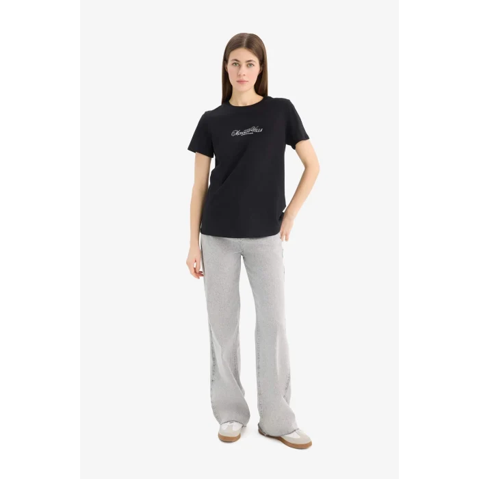 Defacto E2789 Siyah Regular Fit Bisiklet Yaka Baskılı Penye Kısa Kollu Tişört